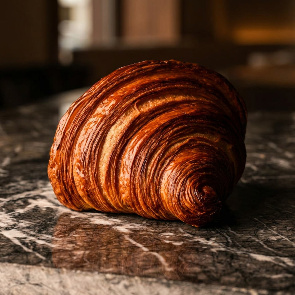Golden-brown laminated croissant resting on a dark marble countertop in a warmly lit bakery.
