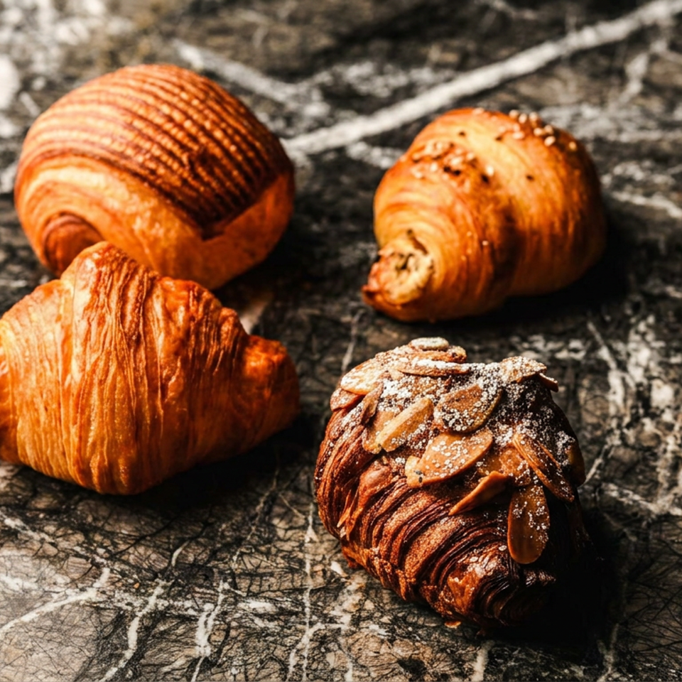 Four golden pastries, including croissants and filled rolls, arranged on a dark marble countertop.