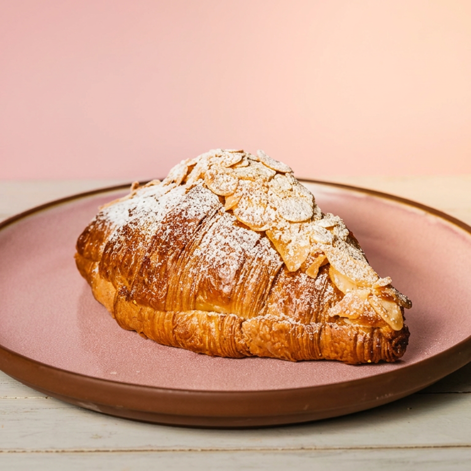 Almond croissant dusted with powdered sugar on a pink plate atop a rustic wooden table.