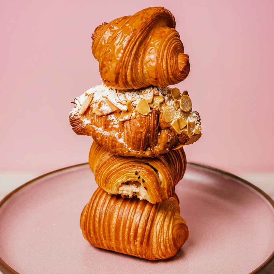 Stack of golden croissants, including an almond-topped pastry, arranged on a pink plate against a pink background.