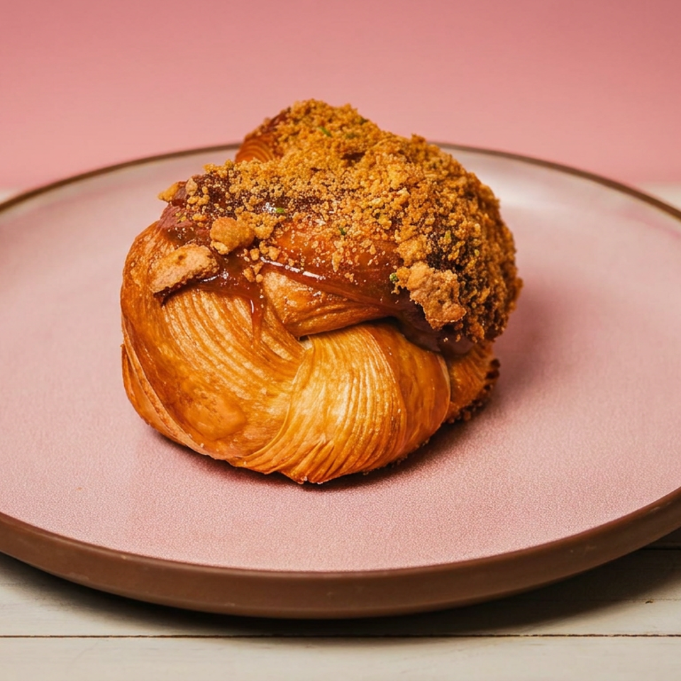 Golden laminated pastry topped with crumbly streusel sits on a pink ceramic plate against a pink background.