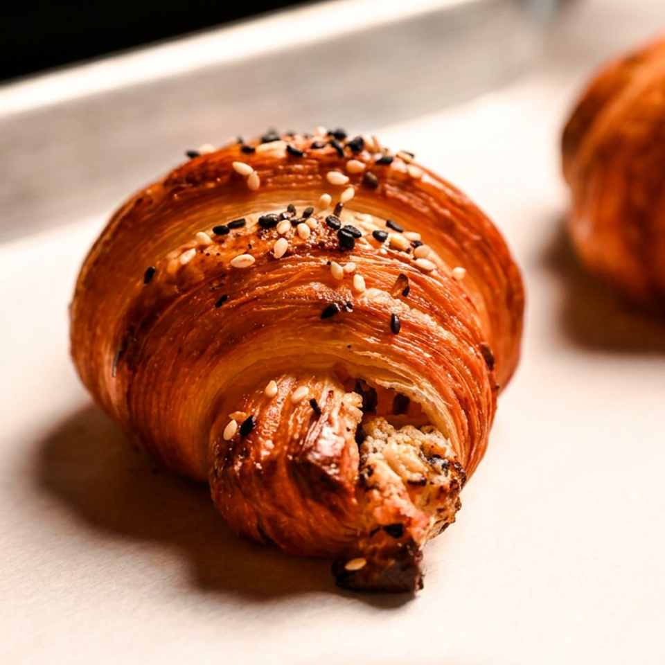 Golden, flaky croissants filled with nutty pastry cream and topped with black and white sesame seeds on a baking tray.
