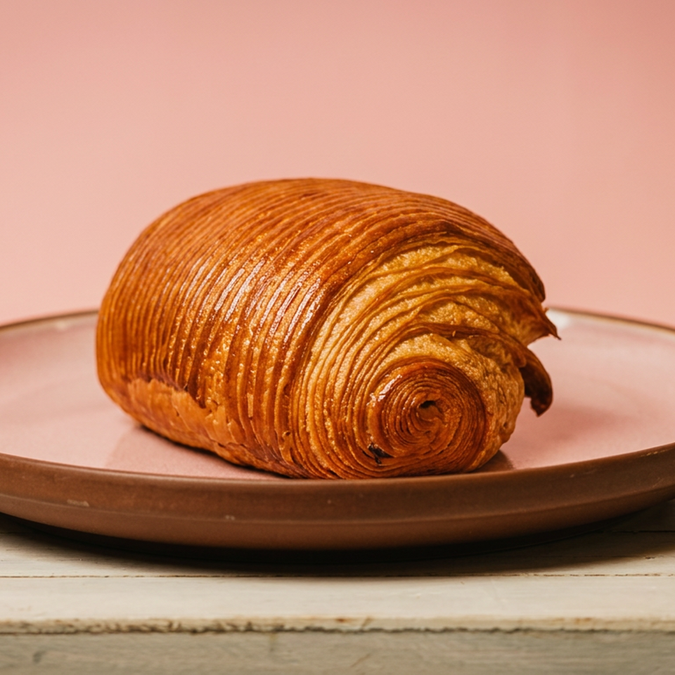 Golden, intricately layered pastry served on a brown-rimmed pink plate atop a rustic white wooden table.