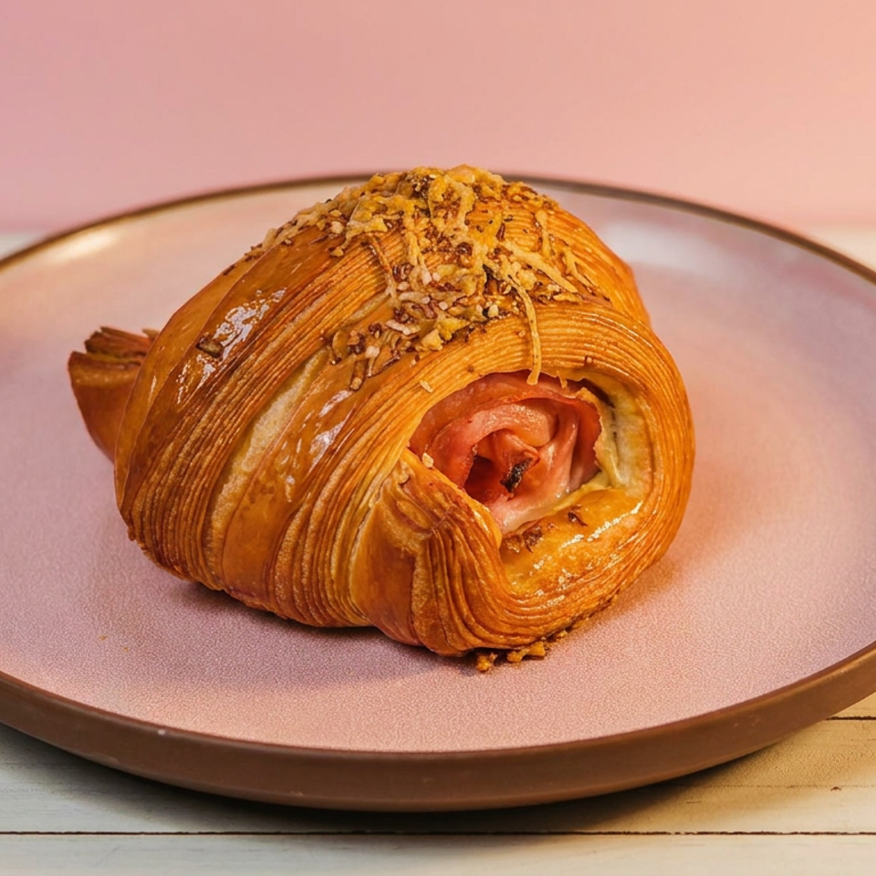 Golden laminated pastry filled with tomato sits on a pink ceramic plate atop a white wooden table.