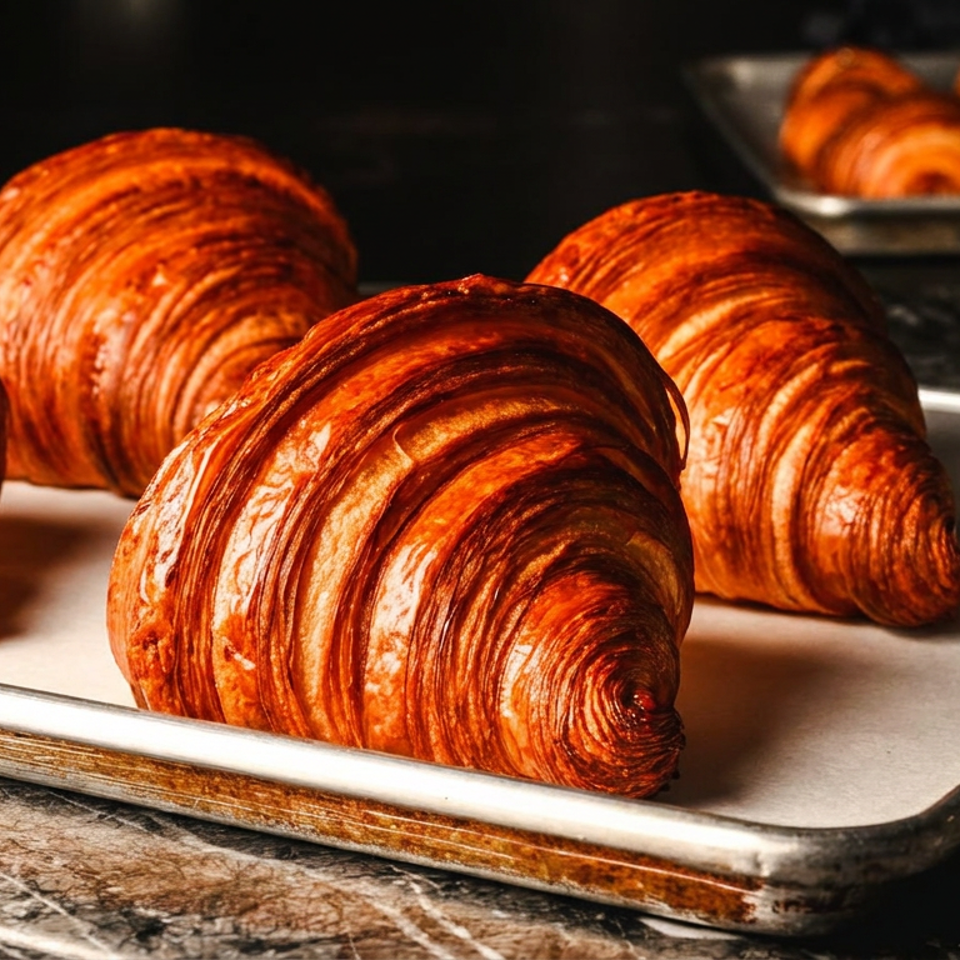 Golden-brown croissants arranged on parchment-lined baking trays atop a dark marble countertop.