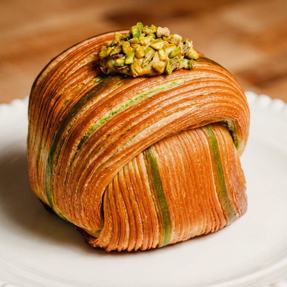 Layered golden pastry with green filling and pistachio topping, served on a white plate atop a wooden table.