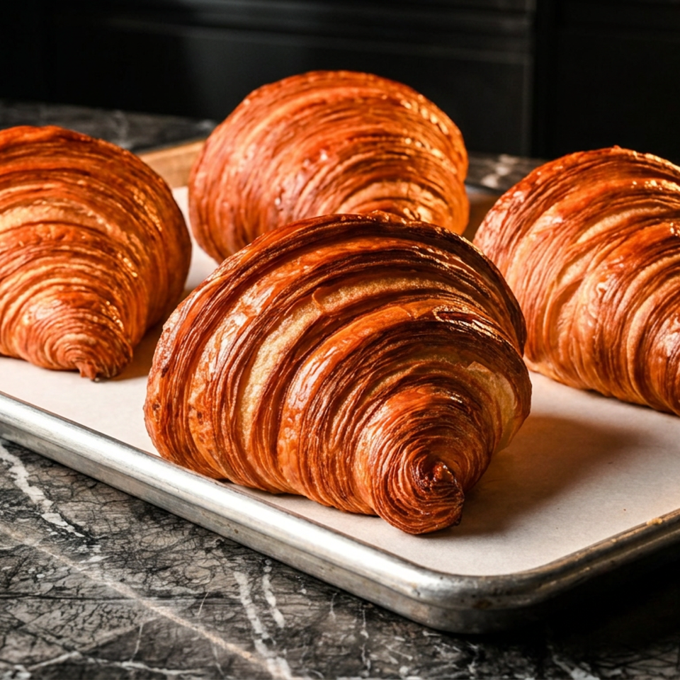 Four golden-brown laminated croissants arranged on a parchment-lined baking tray atop a dark marble countertop.